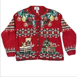 Vintage Tiara International Embroidered Ugly Christmas Sweater Cardigan Size L